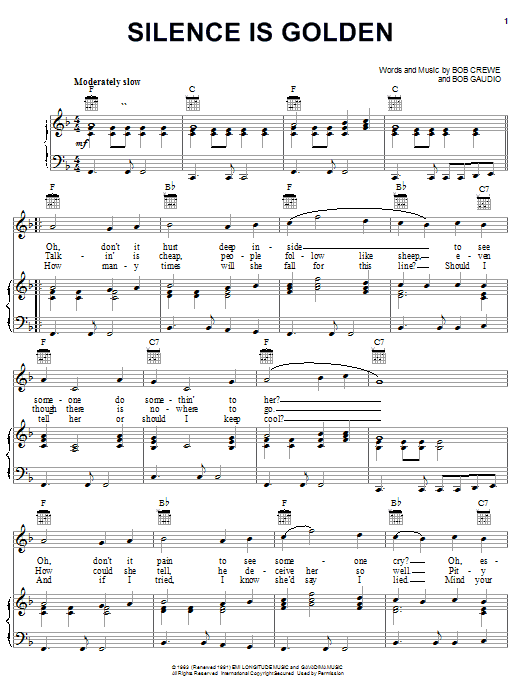 Bob Crewe Silence Is Golden sheet music notes and chords arranged for Piano, Vocal & Guitar Chords (Right-Hand Melody)