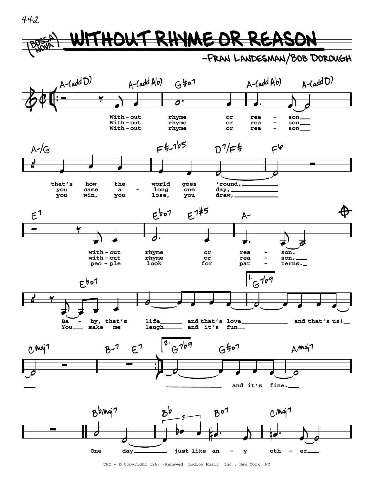 Bob Dorough Without Rhyme Or Reason (Low Voice) sheet music notes and chords arranged for Real Book – Melody, Lyrics & Chords