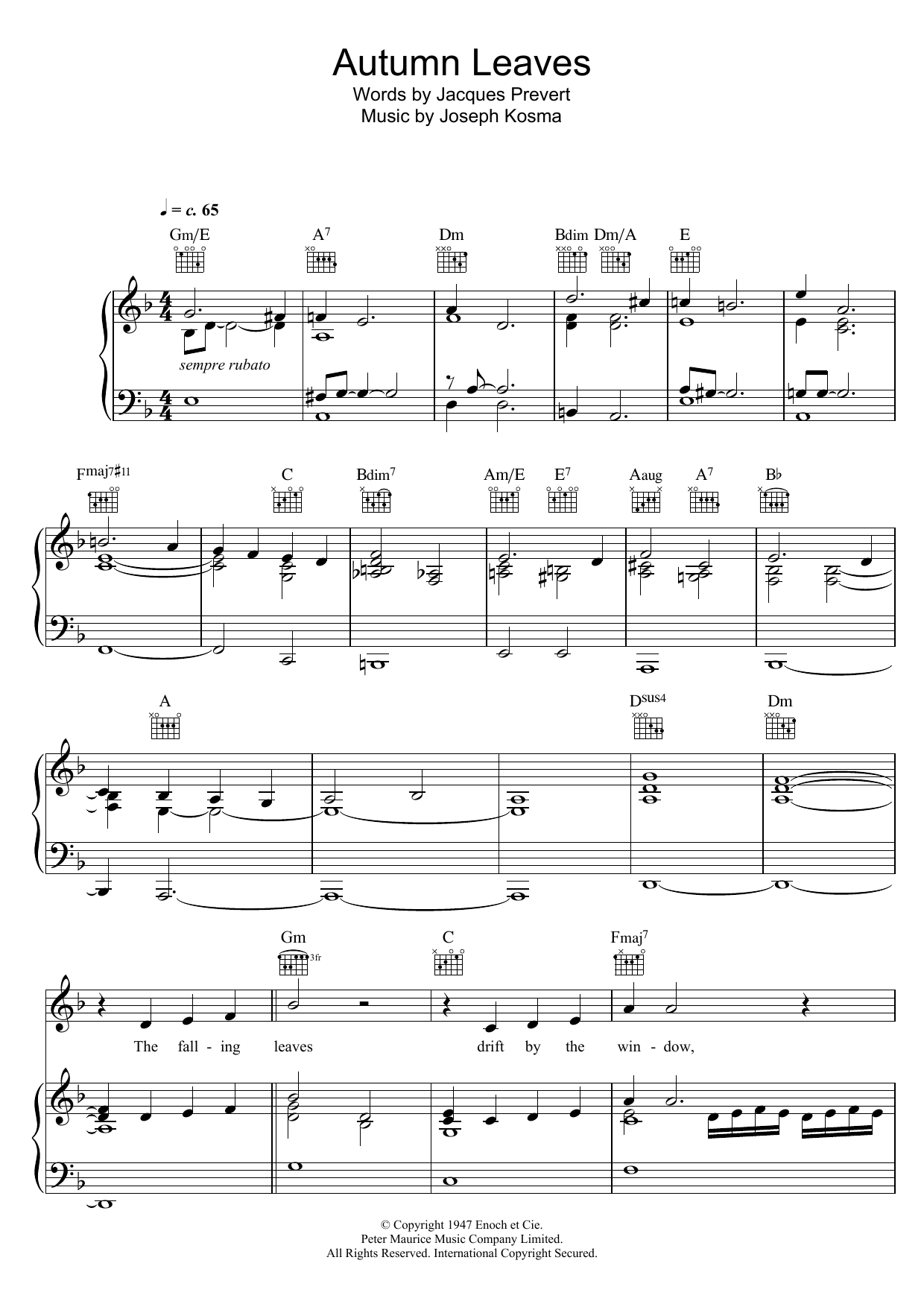 Bob Dylan Autumn Leaves sheet music notes and chords arranged for Piano, Vocal & Guitar Chords