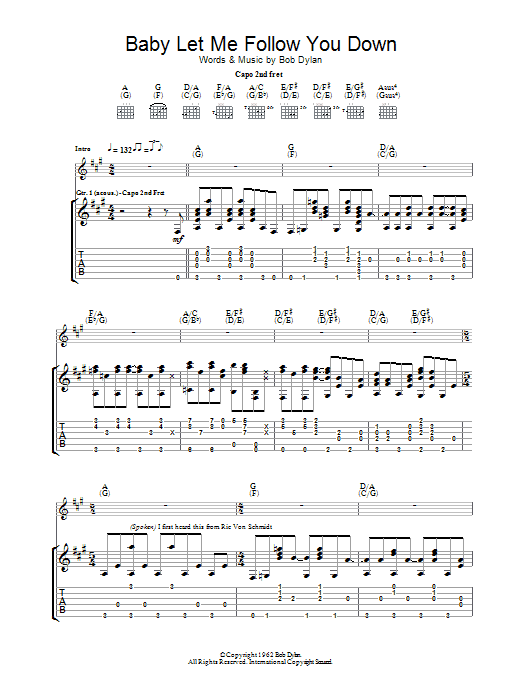 Bob Dylan Baby Let Me Follow You Down sheet music notes and chords arranged for Guitar Tab