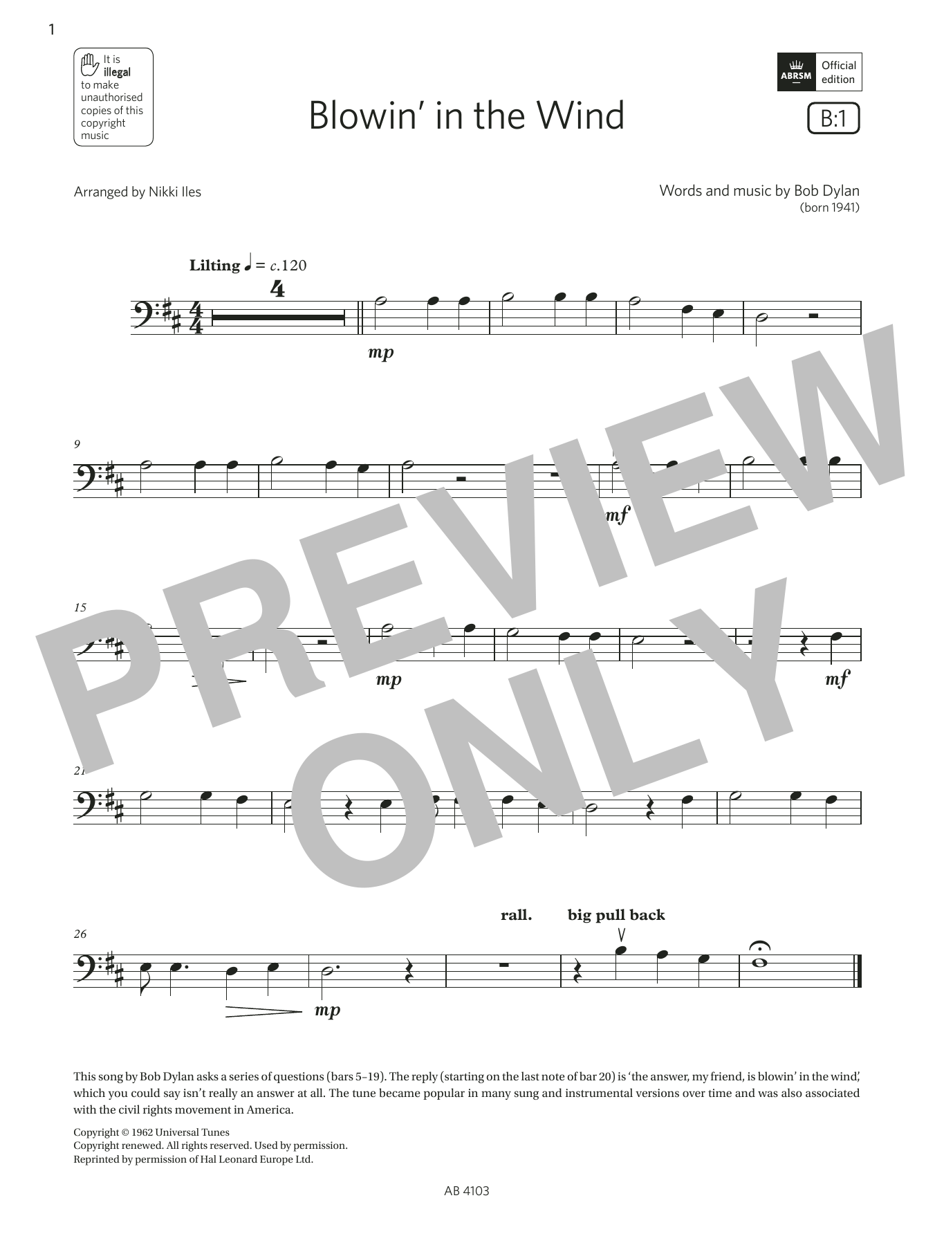 Bob Dylan Blowin' in the wind (Grade Initial, B1, from the ABRSM Cello Syllabus from 2024) sheet music notes and chords arranged for Cello Solo