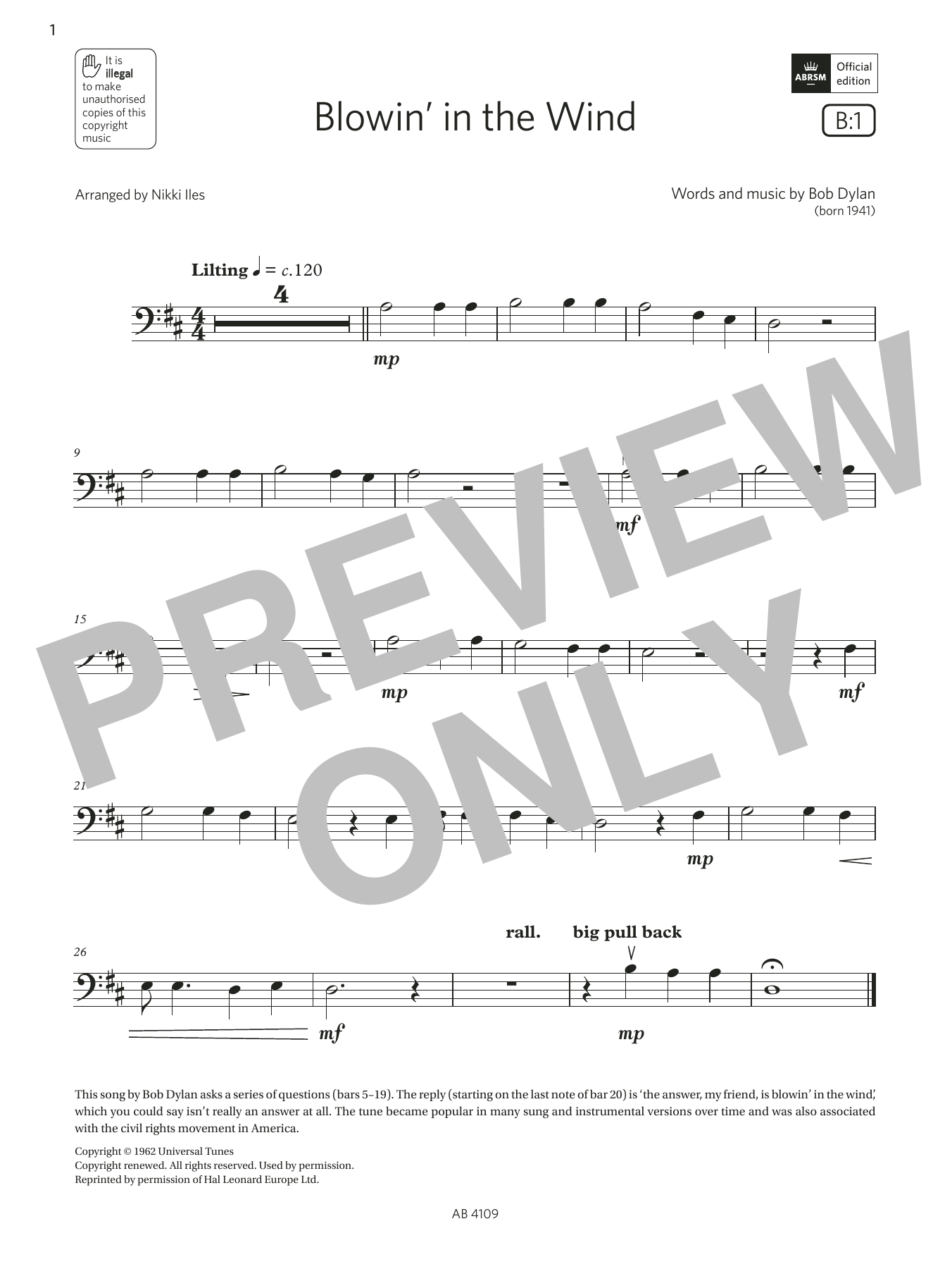 Bob Dylan Blowin' in the Wind (Grade Initial, B1, from the ABRSM Double Bass Syllabus from 2024) sheet music notes and chords arranged for String Bass Solo