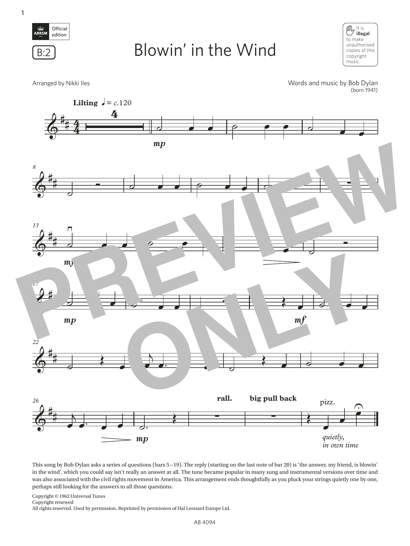 Bob Dylan Blowin' in the Wind (Grade Initial, B2, from the ABRSM Violin Syllabus from 2024) sheet music notes and chords arranged for Violin Solo