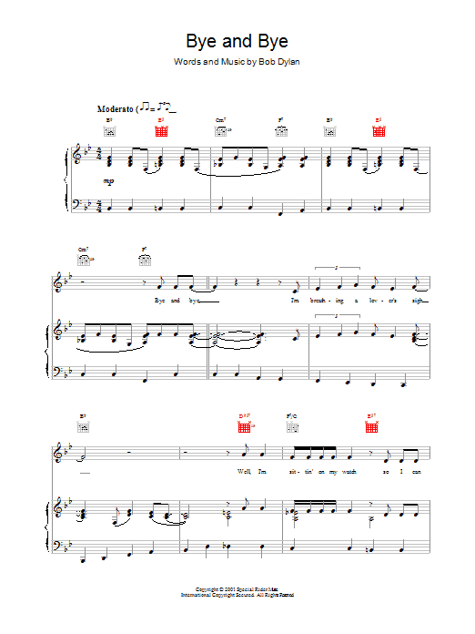 Bob Dylan Bye and Bye sheet music notes and chords arranged for Piano, Vocal & Guitar Chords