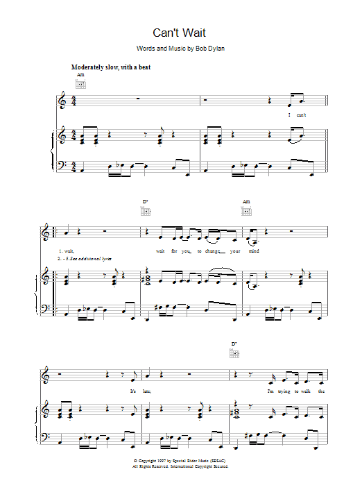 Bob Dylan Can't Wait sheet music notes and chords arranged for Piano, Vocal & Guitar Chords