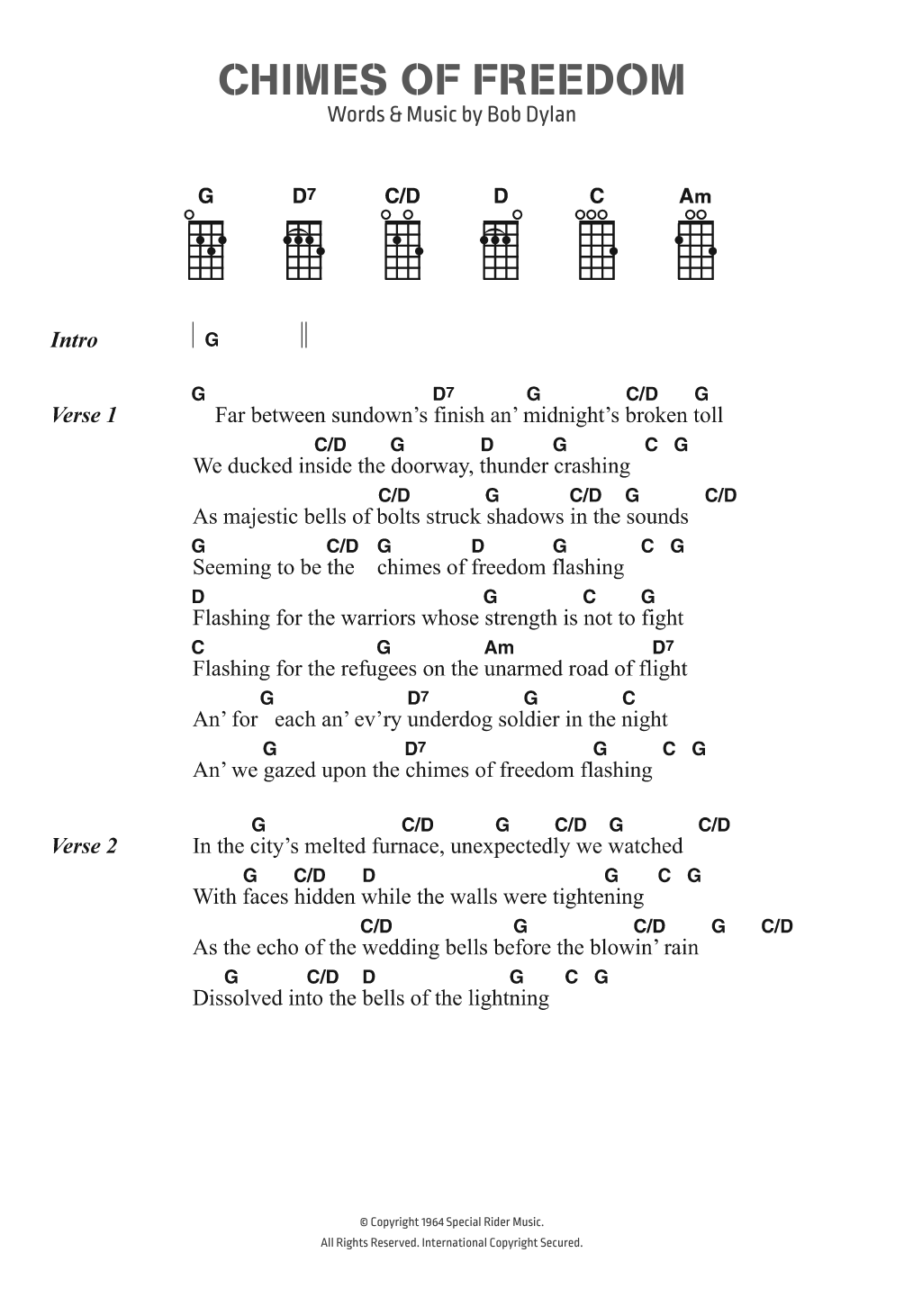 Bob Dylan Chimes Of Freedom sheet music notes and chords arranged for Guitar Chords/Lyrics