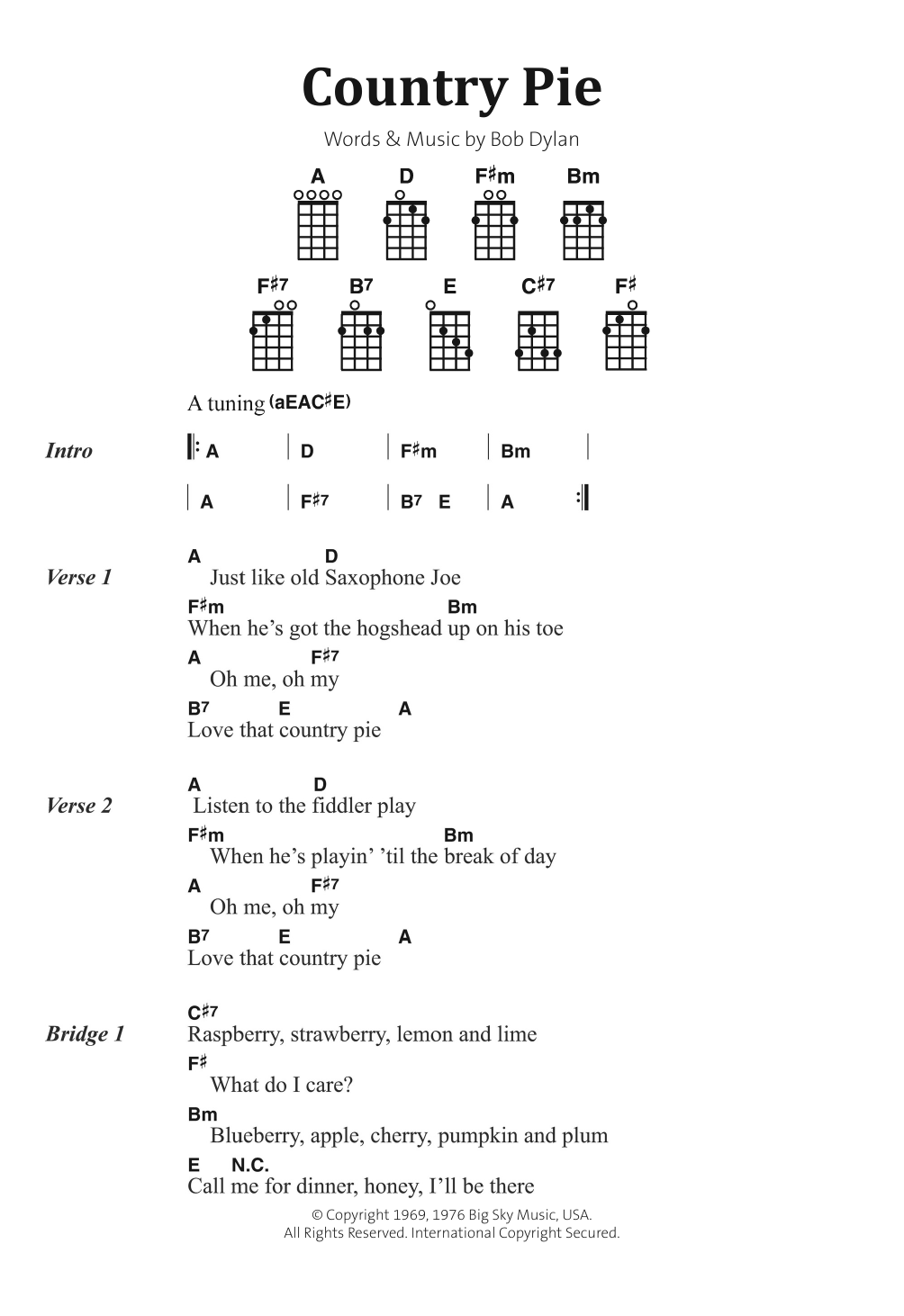 Bob Dylan Country Pie sheet music notes and chords arranged for Banjo Chords/Lyrics