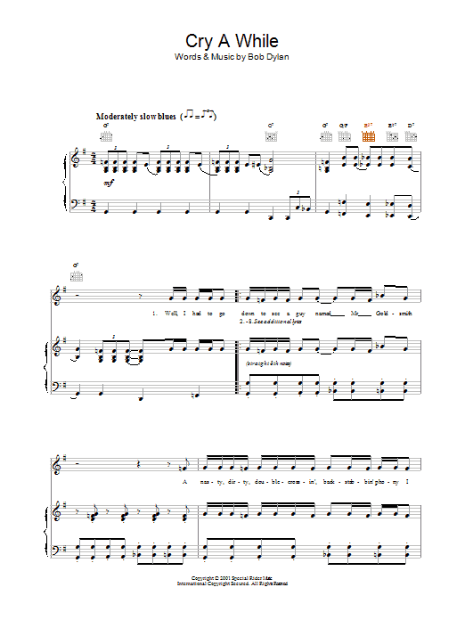 Bob Dylan Cry A While sheet music notes and chords arranged for Piano, Vocal & Guitar Chords