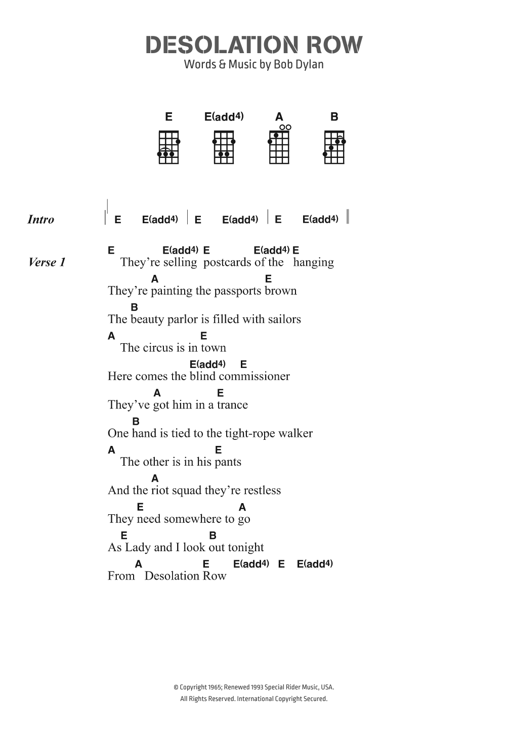 Bob Dylan Desolation Row sheet music notes and chords arranged for Piano, Vocal & Guitar Chords