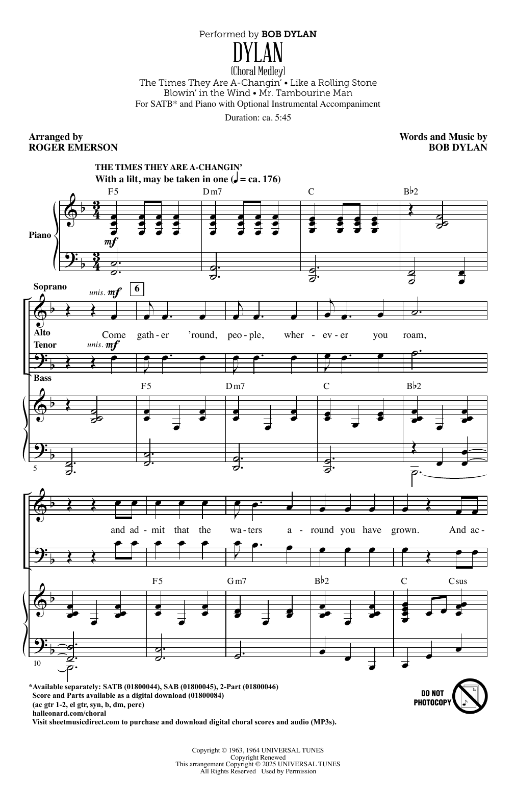 Bob Dylan Dylan (Choral Medley) (arr. Roger Emerson) sheet music notes and chords arranged for SAB Choir