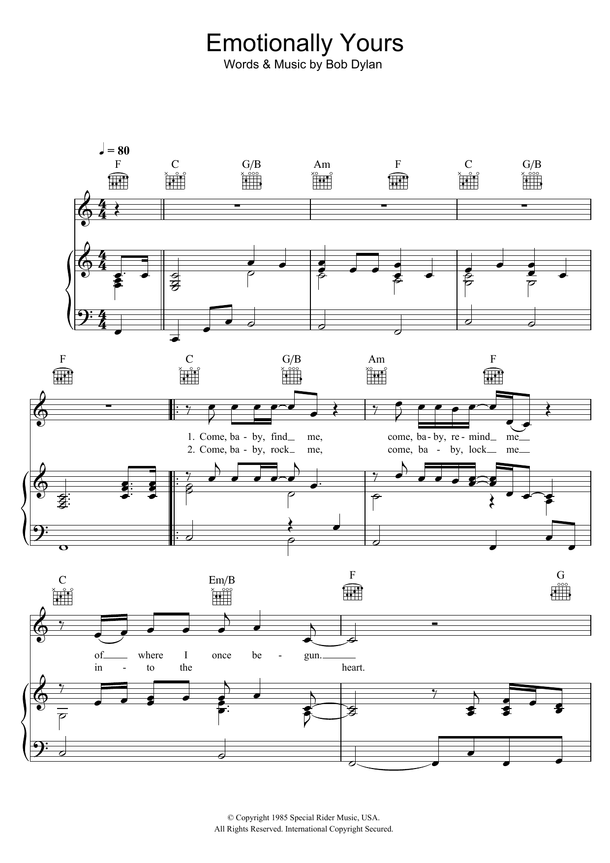Bob Dylan Emotionally Yours sheet music notes and chords arranged for Piano, Vocal & Guitar Chords