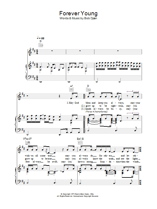 Bob Dylan Forever Young sheet music notes and chords arranged for Piano, Vocal & Guitar Chords