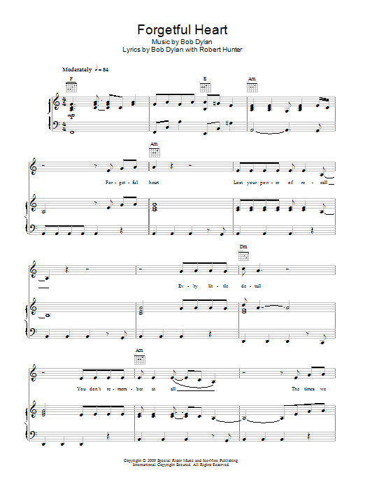 Bob Dylan Forgetful Heart sheet music notes and chords arranged for Piano, Vocal & Guitar Chords