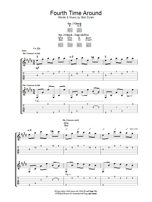 Bob Dylan Fourth Time Around sheet music notes and chords arranged for Guitar Tab