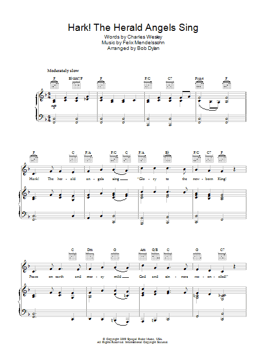 Bob Dylan Hark! The Herald Angels Sing sheet music notes and chords arranged for Piano, Vocal & Guitar Chords