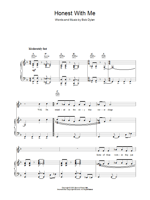 Bob Dylan Honest With Me sheet music notes and chords arranged for Piano, Vocal & Guitar Chords