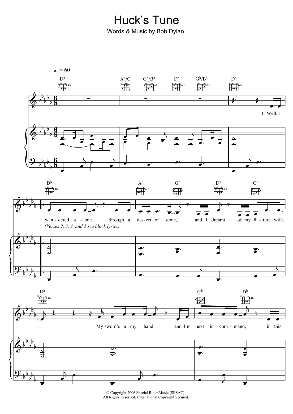 Bob Dylan Huck's Tune sheet music notes and chords arranged for Piano, Vocal & Guitar Chords