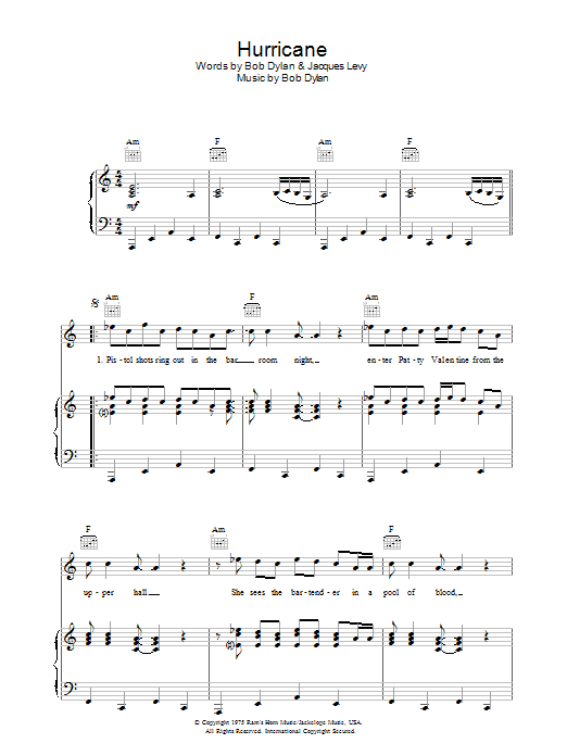 Bob Dylan Hurricane sheet music notes and chords arranged for Guitar Chords/Lyrics