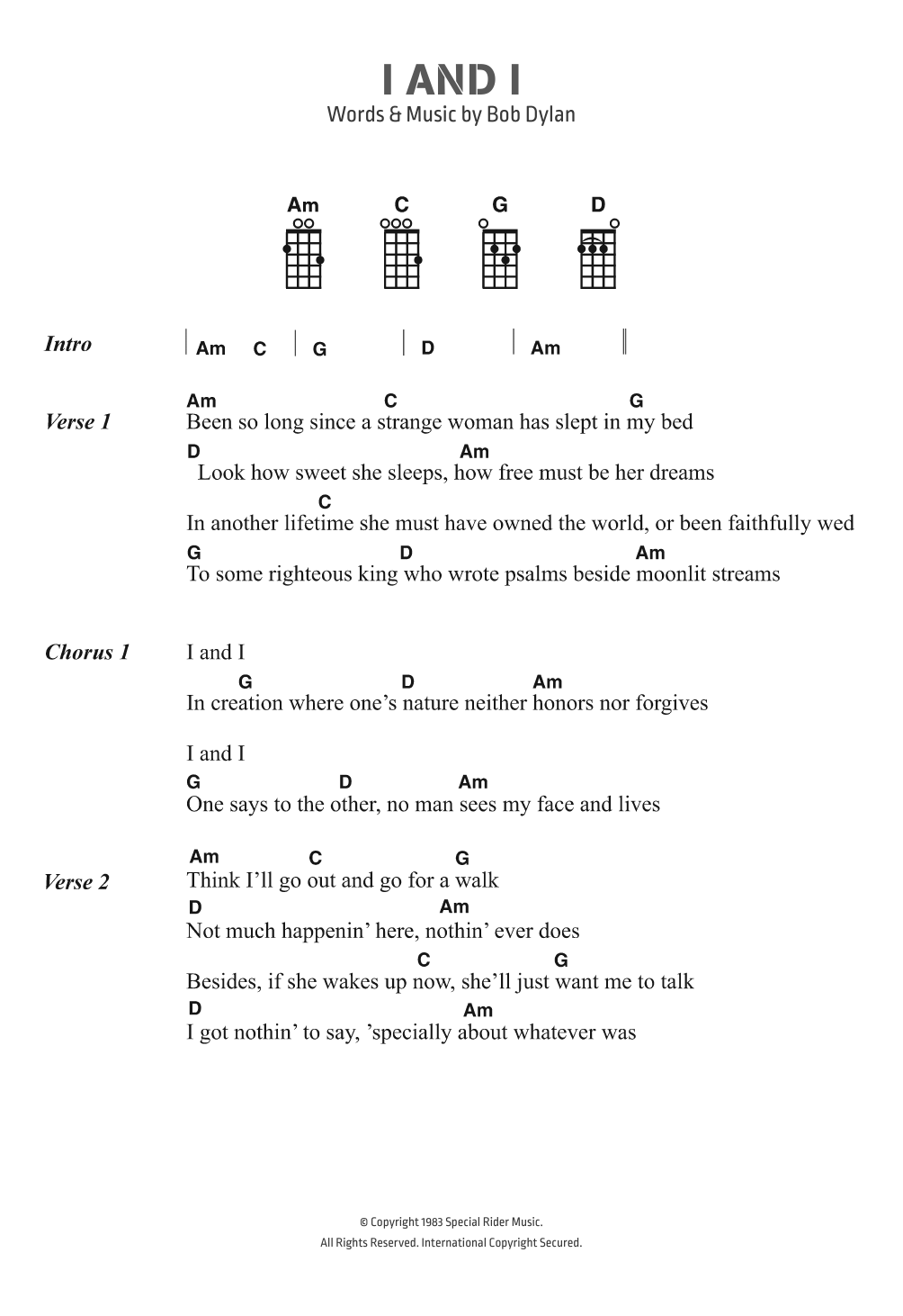 Bob Dylan I And I sheet music notes and chords arranged for Guitar Chords/Lyrics