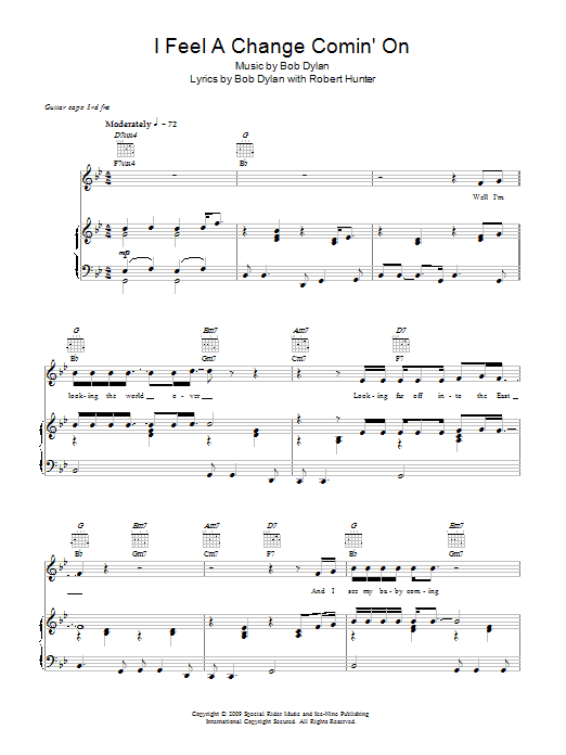 Bob Dylan I Feel A Change Comin' On sheet music notes and chords arranged for Piano, Vocal & Guitar Chords