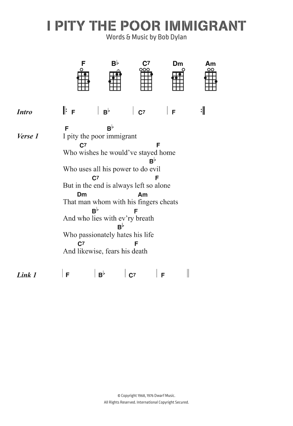 Bob Dylan I Pity The Poor Immigrant sheet music notes and chords arranged for Guitar Chords/Lyrics