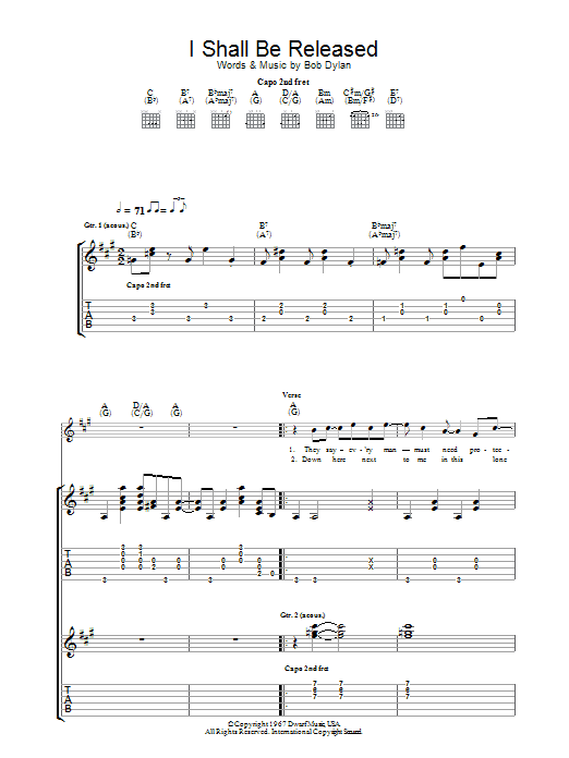 Bob Dylan I Shall Be Released sheet music notes and chords arranged for Guitar Chords/Lyrics