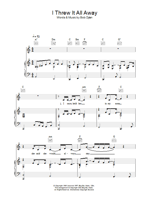 Bob Dylan I Threw It All Away sheet music notes and chords arranged for Guitar Chords/Lyrics
