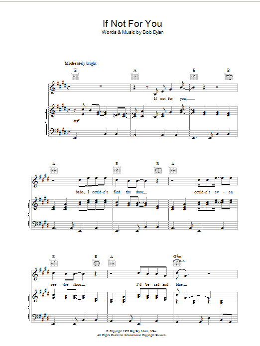 Bob Dylan If Not For You sheet music notes and chords arranged for Piano, Vocal & Guitar Chords (Right-Hand Melody)