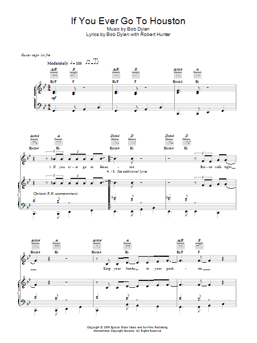 Bob Dylan If You Ever Go To Houston sheet music notes and chords arranged for Piano, Vocal & Guitar Chords
