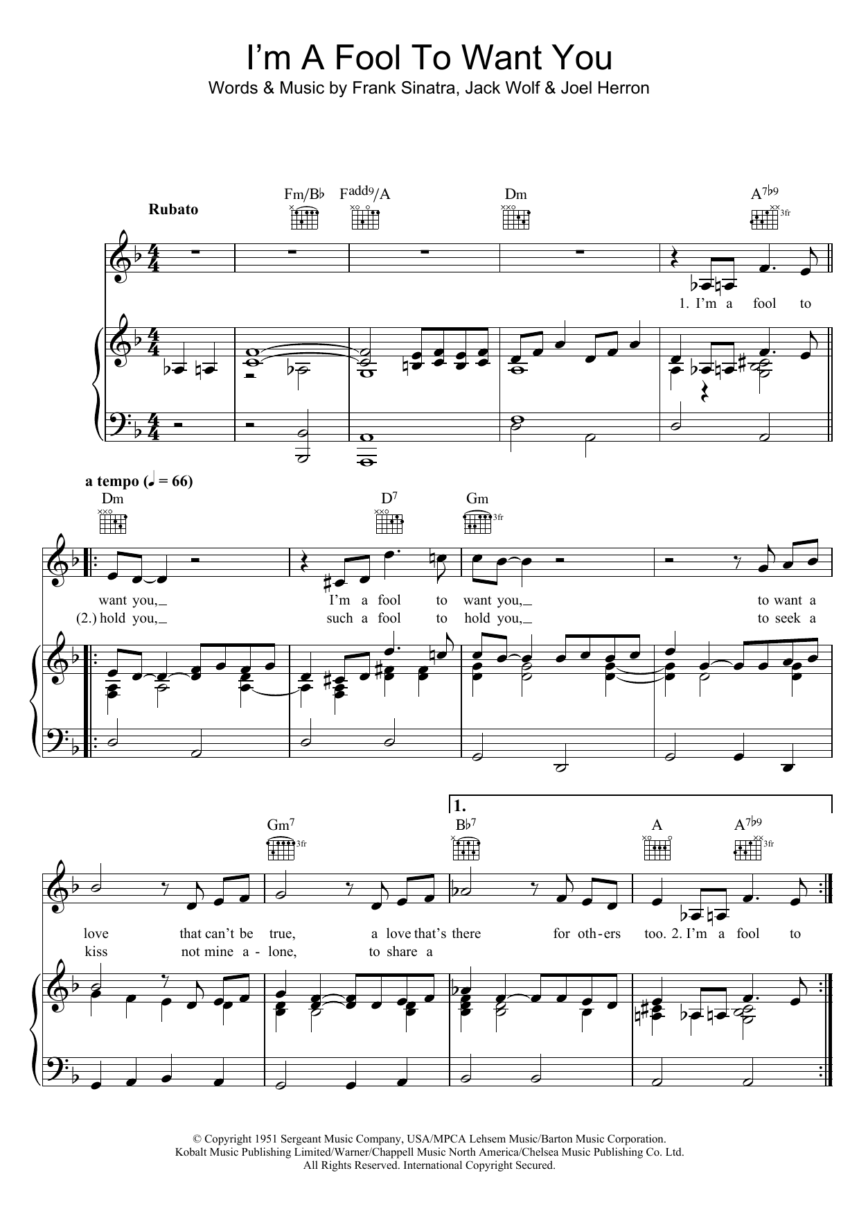Bob Dylan I'm A Fool To Want You sheet music notes and chords arranged for Piano, Vocal & Guitar Chords