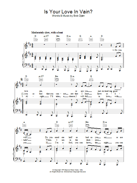 Bob Dylan Is Your Love In Vain sheet music notes and chords arranged for Guitar Chords/Lyrics