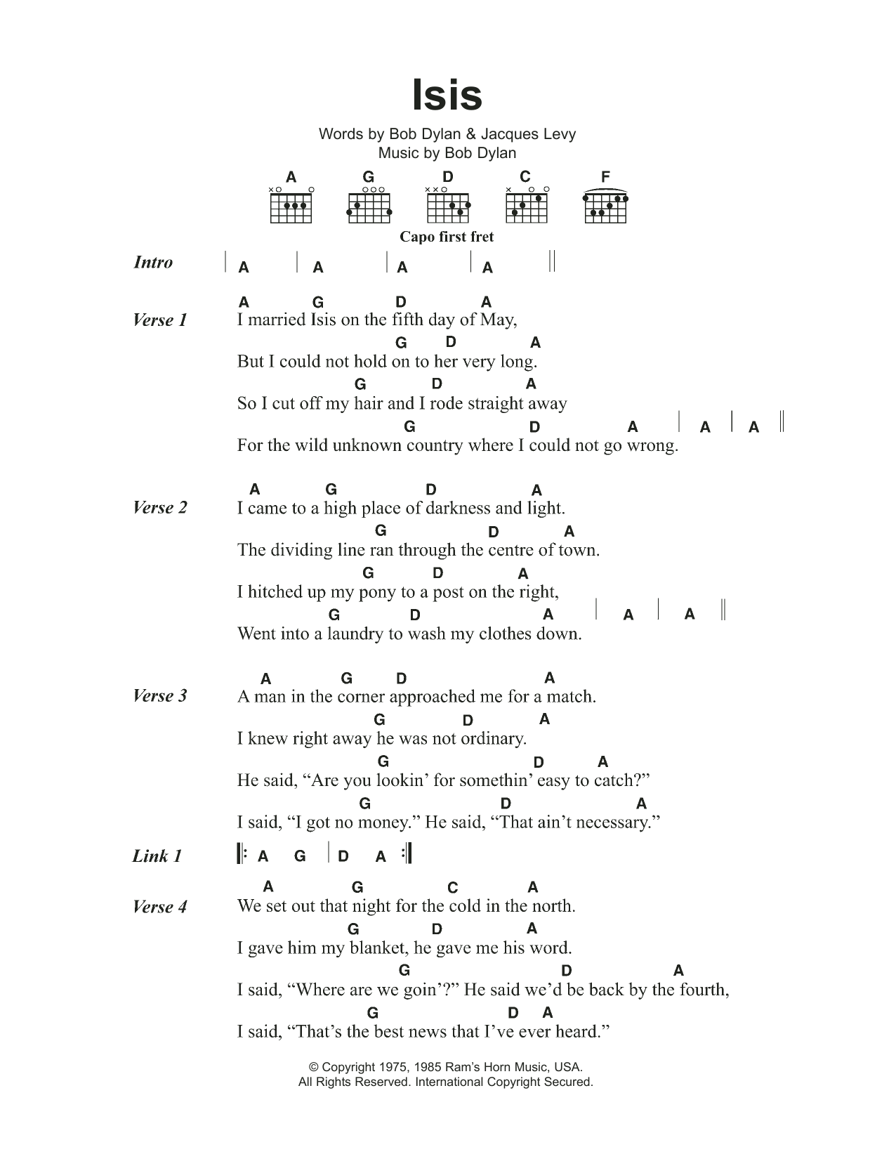 Bob Dylan Isis sheet music notes and chords arranged for Guitar Chords/Lyrics