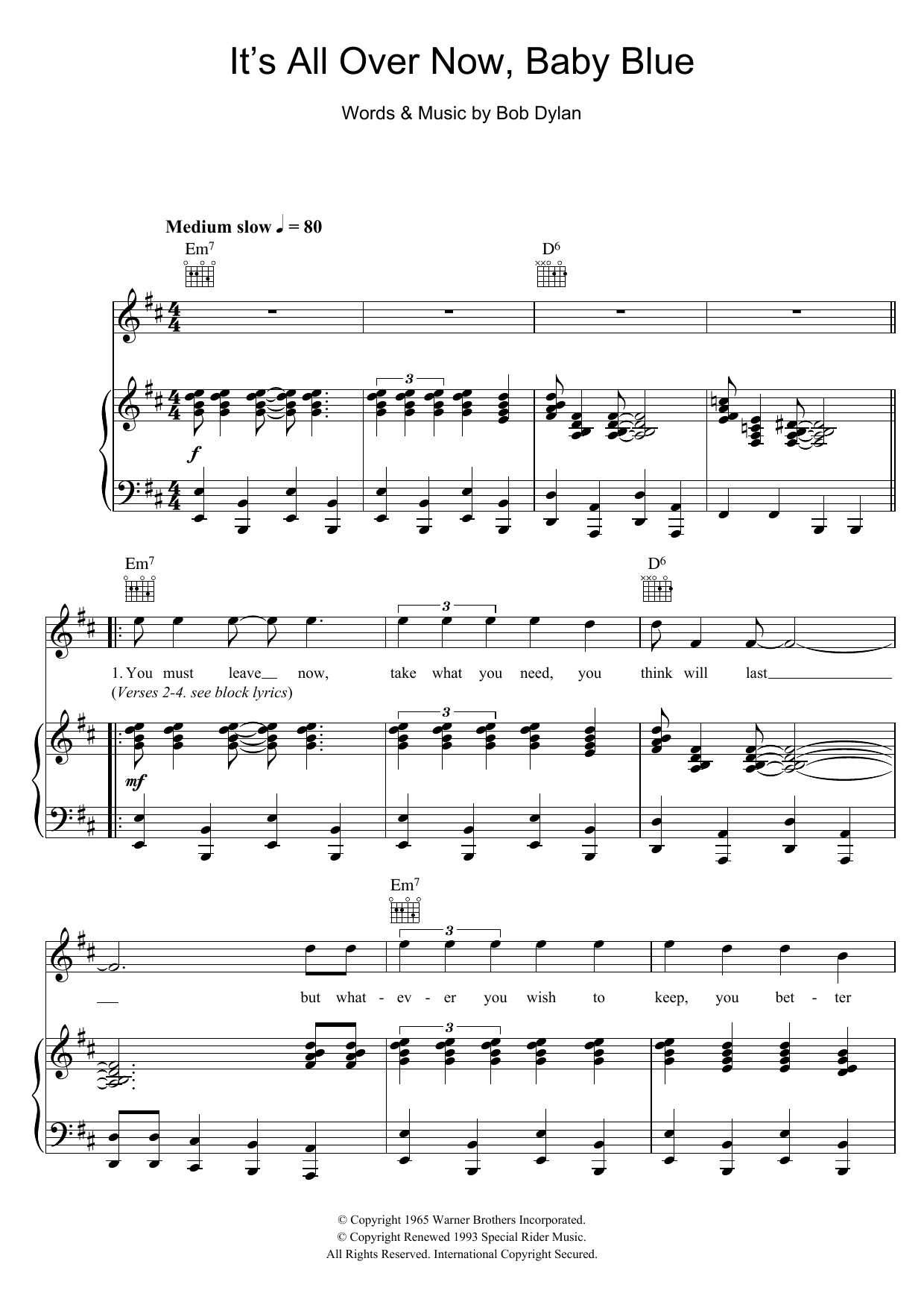 Bob Dylan It's All Over Now, Baby Blue sheet music notes and chords arranged for Guitar Chords/Lyrics