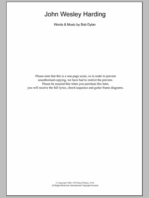 Bob Dylan John Wesley Harding sheet music notes and chords arranged for Guitar Chords/Lyrics
