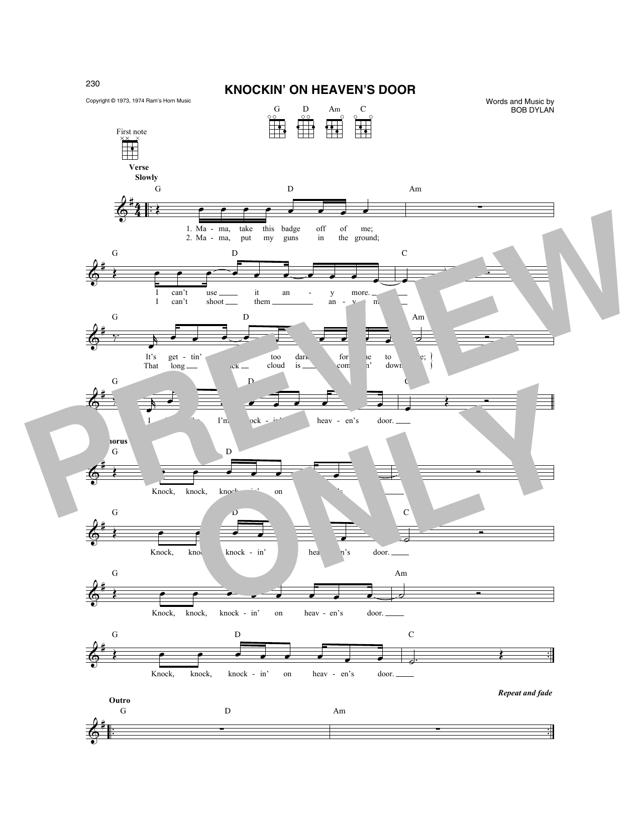 Bob Dylan Knockin' On Heaven's Door (from Pat Garrett And Billy The Kid) sheet music notes and chords arranged for Mandolin
