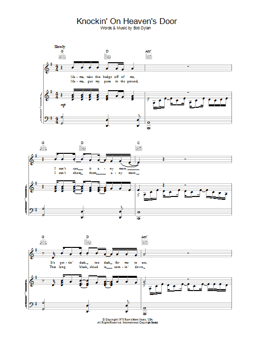 Bob Dylan Knockin' On Heaven's Door sheet music notes and chords arranged for Very Easy Piano