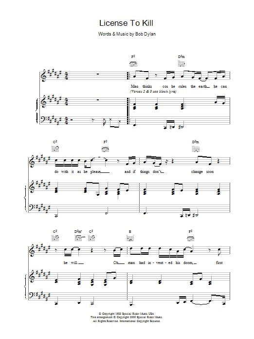 Bob Dylan Licence To Kill sheet music notes and chords arranged for Piano, Vocal & Guitar Chords