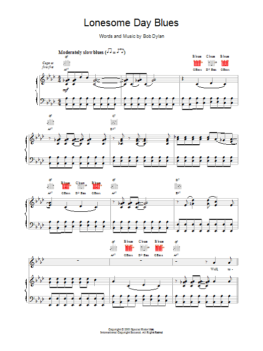 Bob Dylan Lonesome Day Blues sheet music notes and chords arranged for Piano, Vocal & Guitar Chords