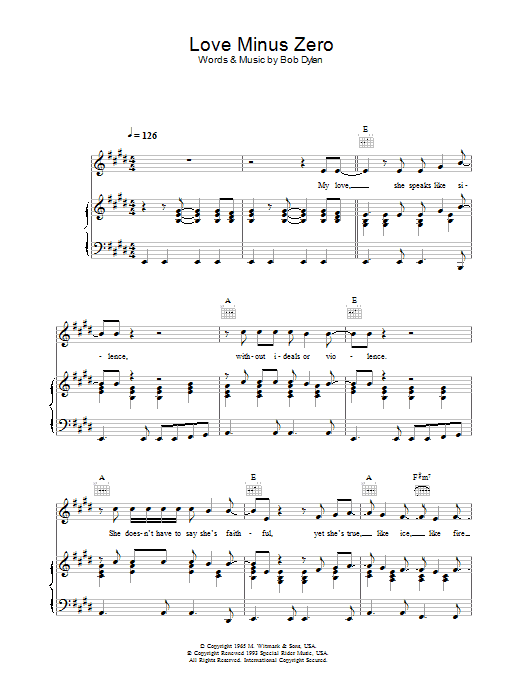 Bob Dylan Love Minus Zero/No Limit sheet music notes and chords arranged for Piano, Vocal & Guitar Chords