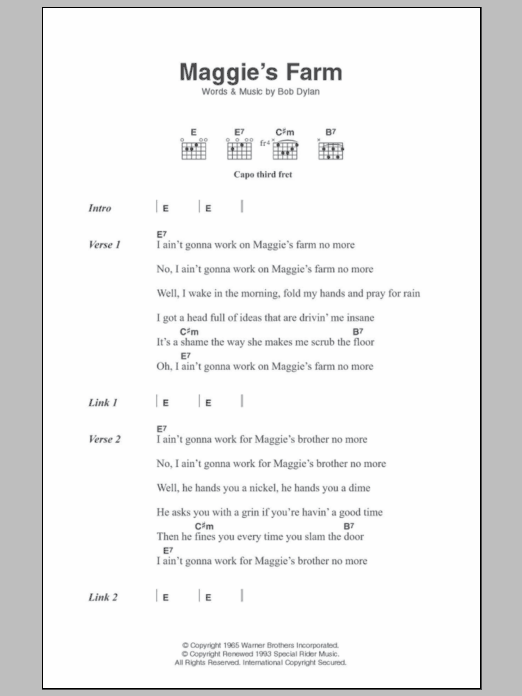 Bob Dylan Maggie's Farm sheet music notes and chords arranged for Super Easy Piano