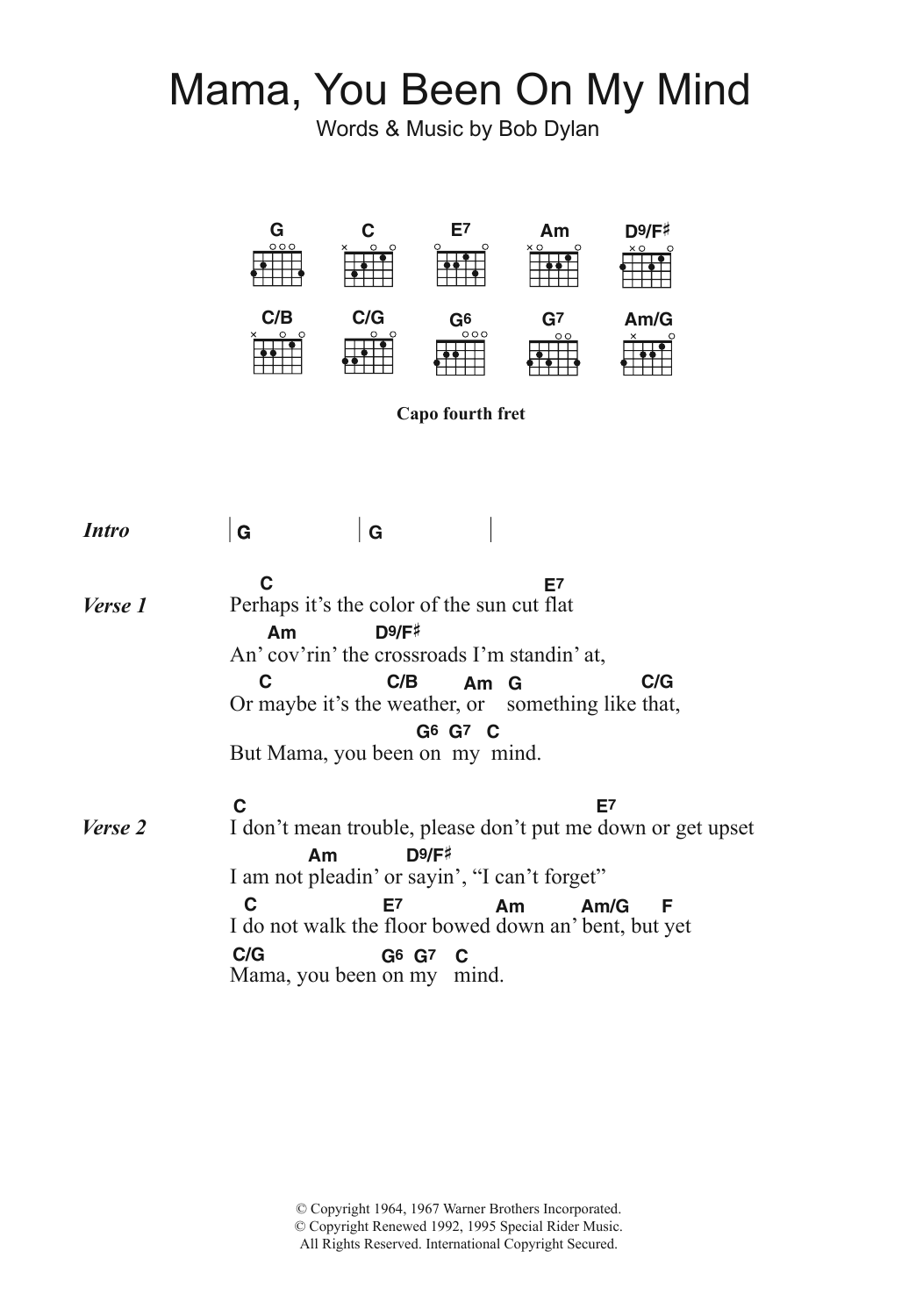Bob Dylan Mama, You Been On My Mind sheet music notes and chords arranged for Guitar Chords/Lyrics