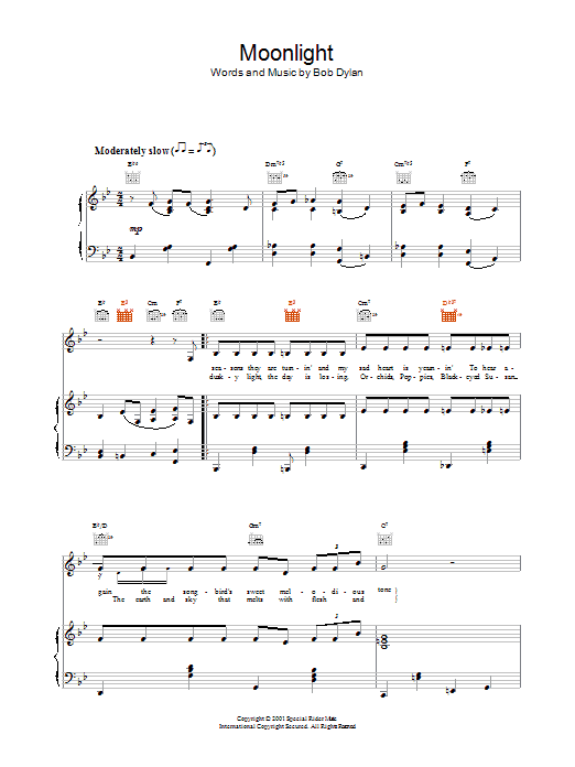 Bob Dylan Moonlight sheet music notes and chords arranged for Piano, Vocal & Guitar Chords