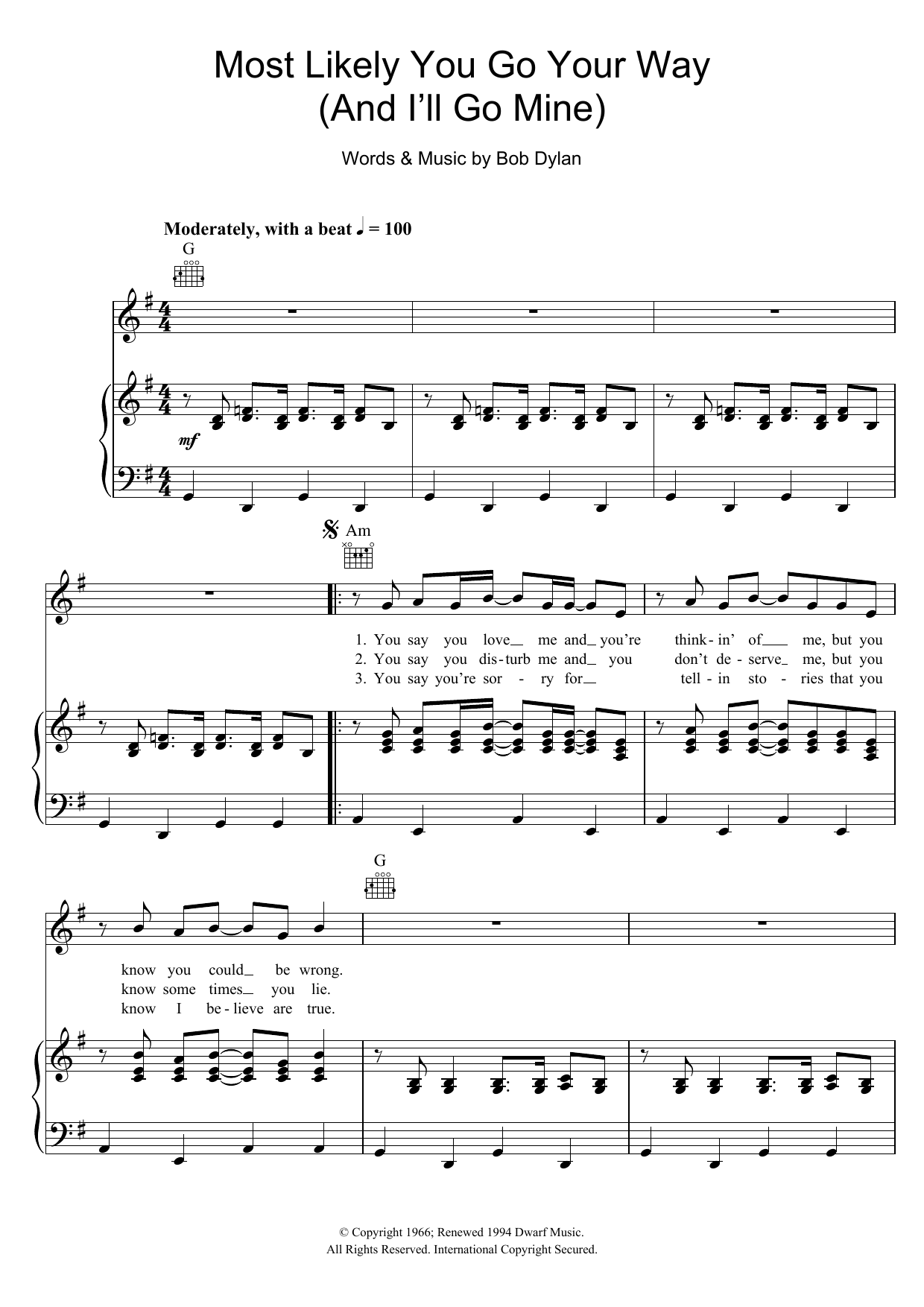 Bob Dylan Most Likely You Go Your Way (And I'll Go Mine) sheet music notes and chords arranged for Guitar Chords/Lyrics