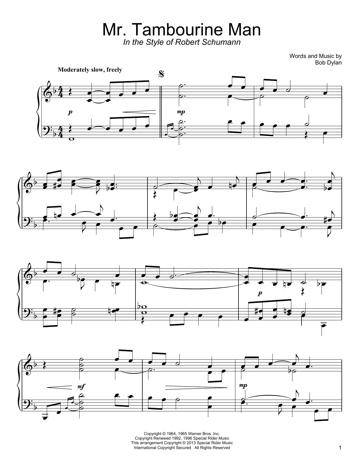 Bob Dylan Mr. Tambourine Man (in the style of Robert Schumann) sheet music notes and chords arranged for Piano Solo