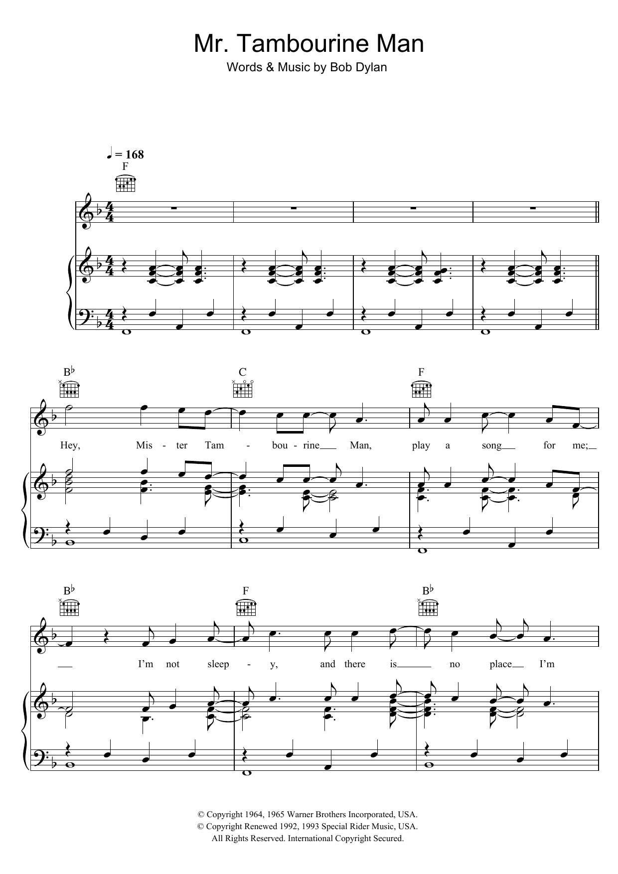 Bob Dylan Mr. Tambourine Man sheet music notes and chords arranged for Piano, Vocal & Guitar Chords (Right-Hand Melody)