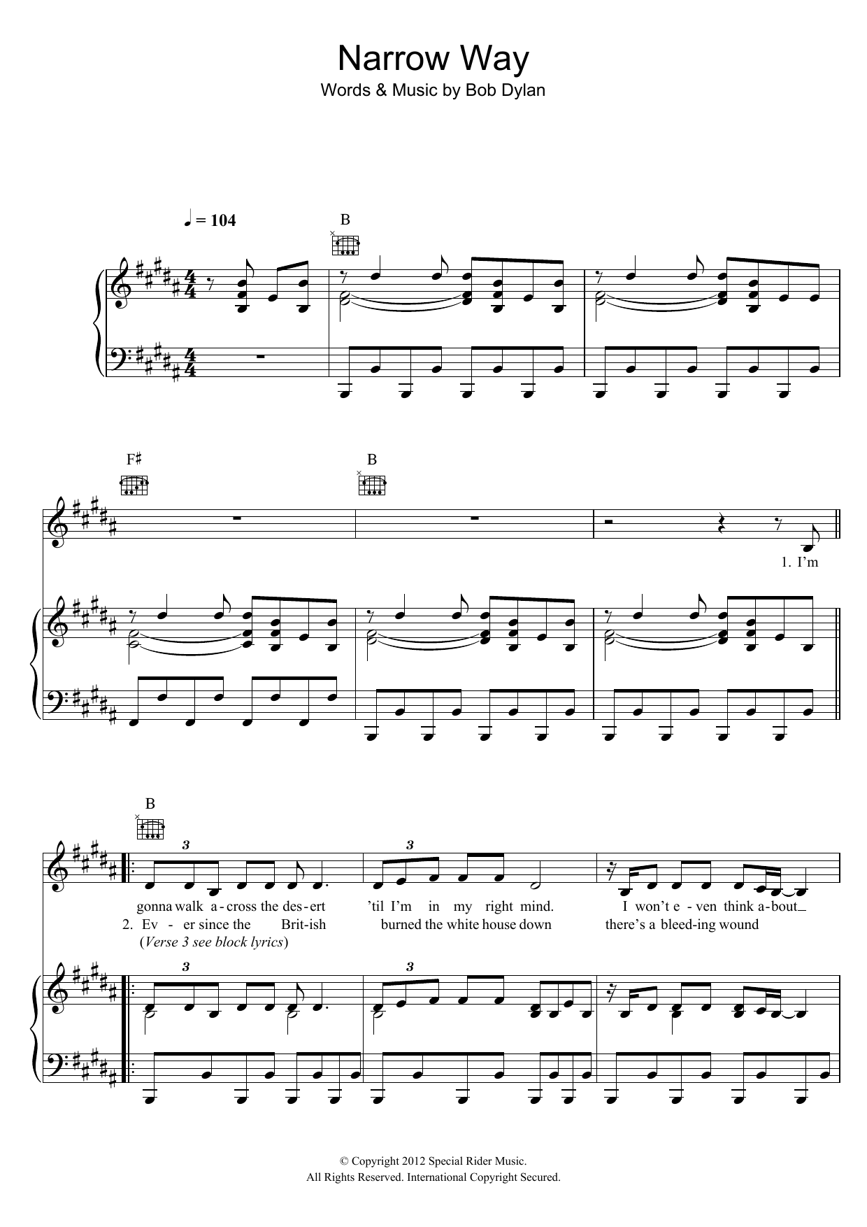 Bob Dylan Narrow Way sheet music notes and chords arranged for Piano, Vocal & Guitar Chords