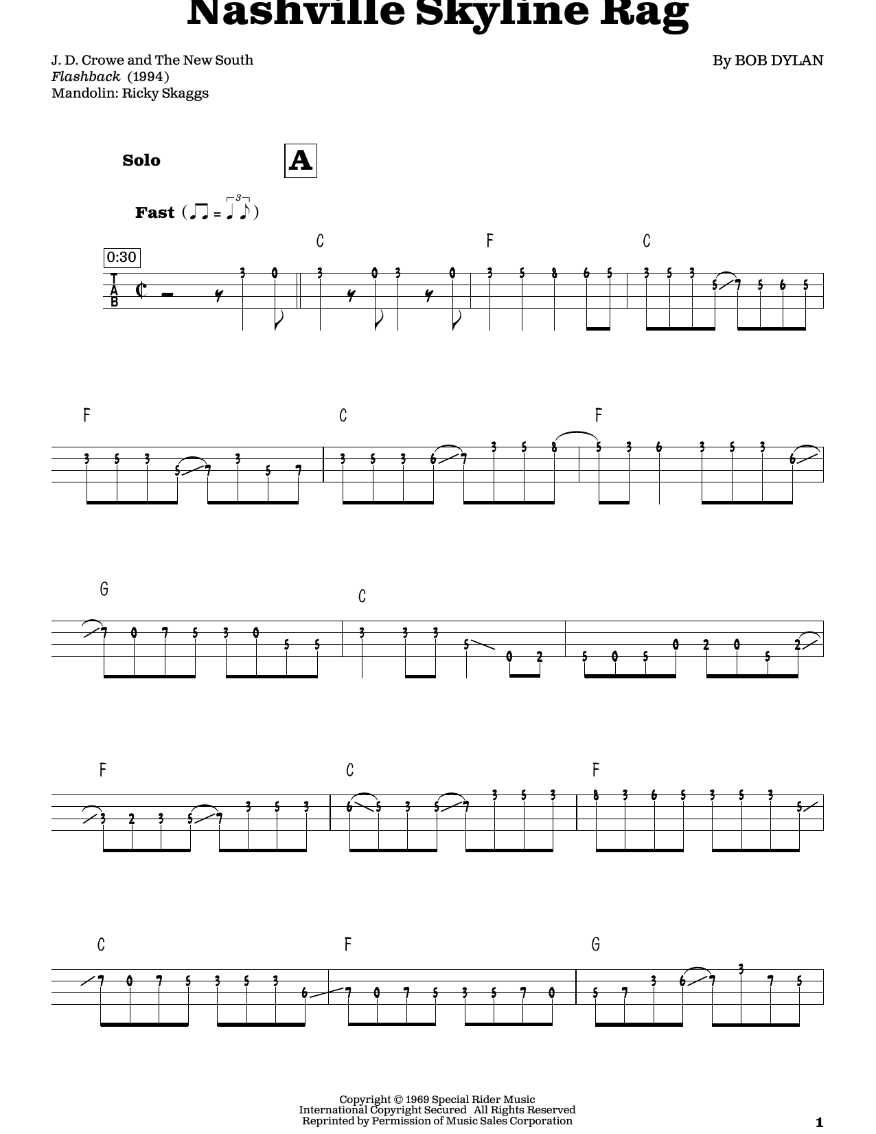 Bob Dylan Nashville Skyline Rag sheet music notes and chords arranged for Mandolin