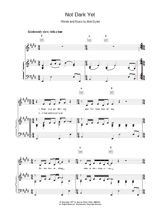 Bob Dylan Not Dark Yet sheet music notes and chords arranged for Piano, Vocal & Guitar Chords