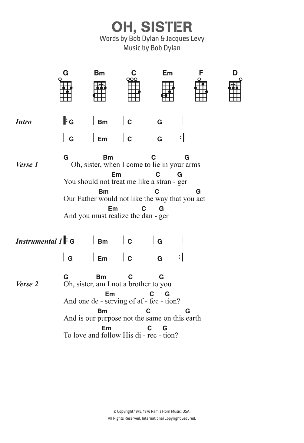 Bob Dylan Oh, Sister sheet music notes and chords arranged for Ukulele Chords/Lyrics