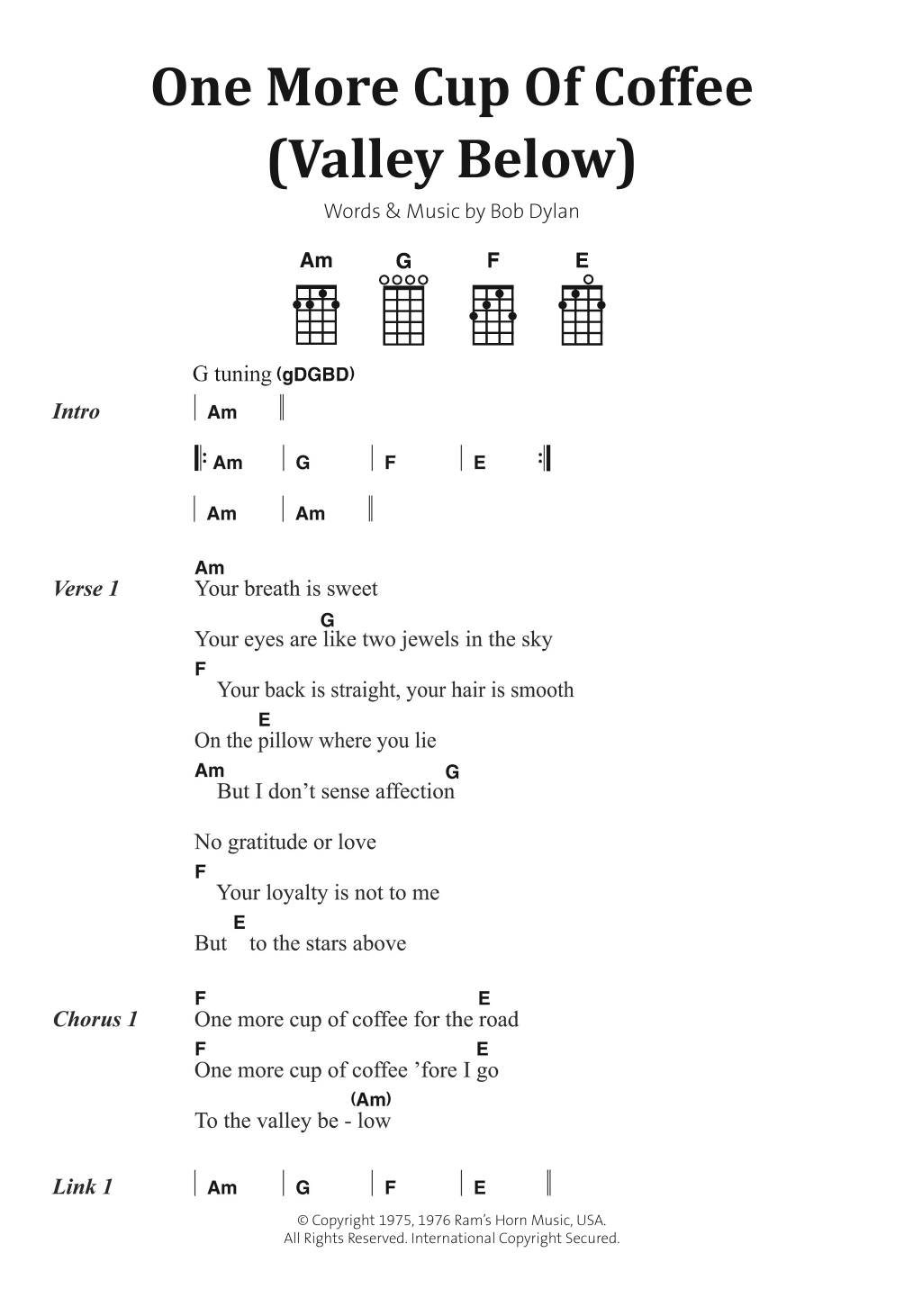 Bob Dylan One More Cup Of Coffee (Valley Below) sheet music notes and chords arranged for Piano, Vocal & Guitar Chords